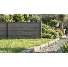 Sichtschutzzaun in Holzoptik mit horizontalen Paneelen und dunklen Metallpfosten auf einer Rasenfläche in einem Garten mit Steinumrandung.