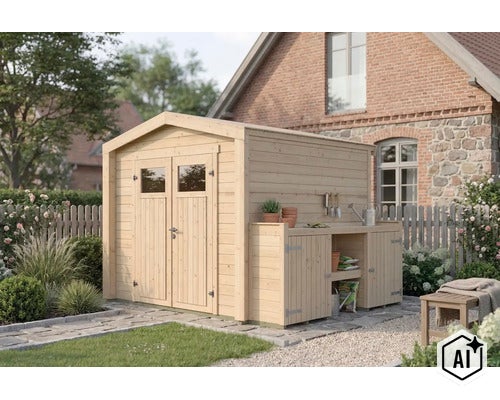 Gartenhaus aus Holz mit Doppeltür und angebautem Regal in einem gepflegten Garten vor einem Wohnhaus. (Image AI modified or generated)