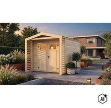 Modernes Gartenhaus aus Holz mit Satteldach und zwei Türen mit Glaseinsätzen in einem gepflegten Garten mit Terrasse. (Image AI modified or generated)