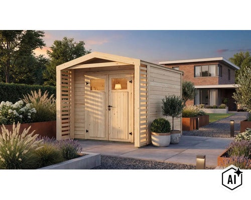Modernes Gartenhaus aus Holz mit Satteldach und zwei Türen mit Glaseinsätzen in einem gepflegten Garten mit Terrasse. (Image AI modified or generated)