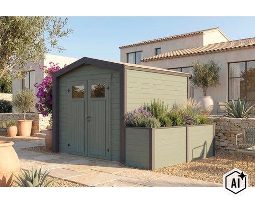 Modernes Gartenhaus aus Holz mit integriertem Pflanzkasten im mediterranen Garten vor einem hellen Wohnhaus mit Steinterrasse. (Image AI modified or generated)