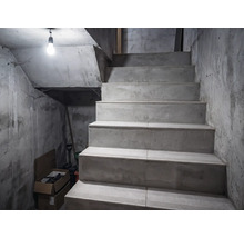 Betontreppe in einem Kellerraum mit unverputzten Wänden, beleuchtet durch eine einzelne Glühbirne.