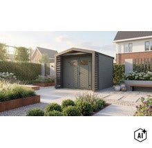 Modernes Gartenhaus mit Doppeltür und seitlichen Lamellenwänden in einem gepflegten Garten mit Terrasse und Hochbeeten aus Cortenstahl (Image AI modified or generated)