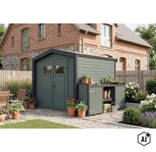 Gartenhaus mit integriertem Anbauschrank aus Holz auf einer Terrasse vor einem Backsteinhaus mit Gartenpflanzen und Sitzgelegenheiten. (Image AI modified or generated)