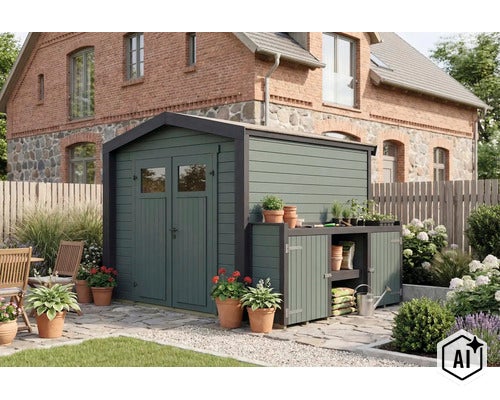 Gartenhaus mit integriertem Anbauschrank aus Holz auf einer Terrasse vor einem Backsteinhaus mit Gartenpflanzen und Sitzgelegenheiten. (Image AI modified or generated)