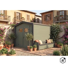 Gartenhaus mit integrierter Sitzbank im mediterranen Innenhof, gefertigt aus stabilem Holz, ideal zur Aufbewahrung von Gartenwerkzeugen. (Image AI modified or generated)