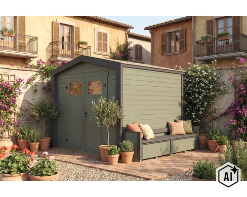 Gartenhaus mit integrierter Sitzbank im mediterranen Innenhof, gefertigt aus stabilem Holz, ideal zur Aufbewahrung von Gartenwerkzeugen. (Image AI modified or generated)