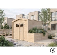 Holzgartenhaus mit Doppeltür und integriertem Pflanzkasten im modernen Garten. (Image AI modified or generated)