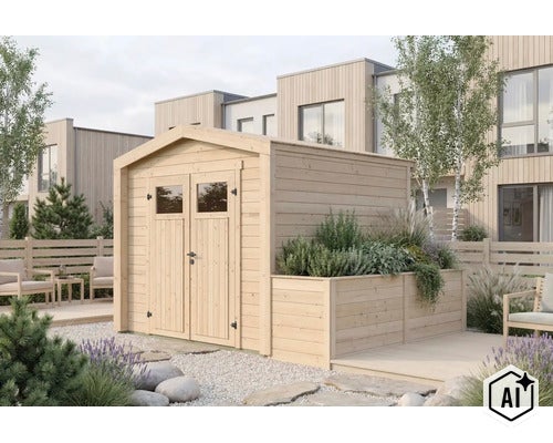 Holzgartenhaus mit Doppeltür und integriertem Pflanzkasten im modernen Garten. (Image AI modified or generated)