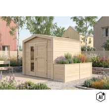 Gartenhaus aus Holz mit integriertem Hochbeet und verglaster Doppeltür in einem modern angelegten Garten (Image AI modified or generated)