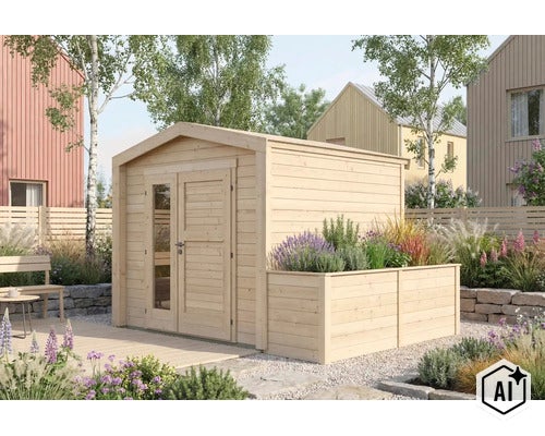 Gartenhaus aus Holz mit integriertem Hochbeet und verglaster Doppeltür in einem modern angelegten Garten (Image AI modified or generated)