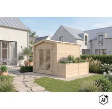 Holzgartenhaus mit integriertem Pflanzkasten und Doppeltür mit Lamellenfront im Garten vor modernen Wohnhäusern. (Image AI modified or generated)