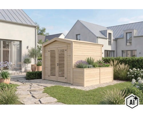 Holzgartenhaus mit integriertem Pflanzkasten und Doppeltür mit Lamellenfront im Garten vor modernen Wohnhäusern. (Image AI modified or generated)