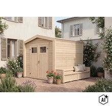 Gartenhaus aus Holz mit integrierter Sitzbank, aufgestellt auf einer gepflasterten Terrasse vor einem Wohnhaus. (Image AI modified or generated)