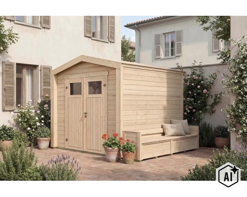 Gartenhaus aus Holz mit integrierter Sitzbank, aufgestellt auf einer gepflasterten Terrasse vor einem Wohnhaus. (Image AI modified or generated)