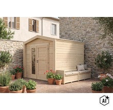 Holzgartenhaus mit integrierter Sitzbank, Doppeltür und bodentiefem Fenster in einem mediterranen Garten mit Steinfassade und Topfpflanzen. (Image AI modified or generated)