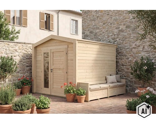 Holzgartenhaus mit integrierter Sitzbank, Doppeltür und bodentiefem Fenster in einem mediterranen Garten mit Steinfassade und Topfpflanzen. (Image AI modified or generated)