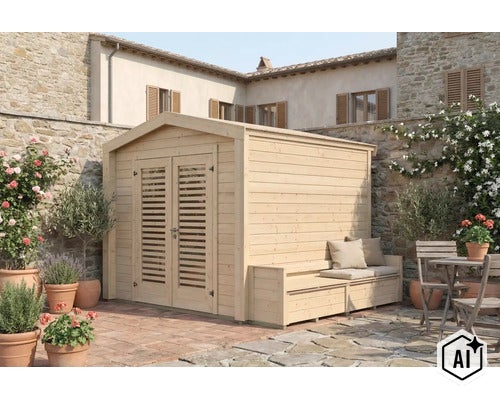 Gartenhaus aus Holz mit Doppeltür und integrierter Sitzbank im Garten vor einer Steinmauer. (Image AI modified or generated)