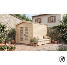 Holzgartenhaus mit Doppeltür und integrierter Sitzbank auf einer Terrasse vor einer Steinmauer. (Image AI modified or generated)
