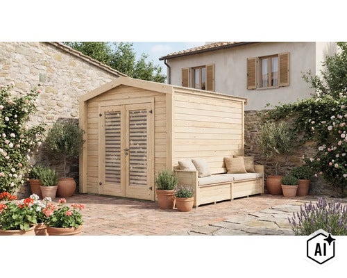 Holzgartenhaus mit Doppeltür und integrierter Sitzbank auf einer Terrasse vor einer Steinmauer. (Image AI modified or generated)