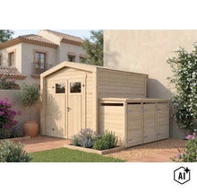 Gartenhaus aus Holz mit integrierter Mülltonnenbox in einem Garten mit mediterraner Gestaltung. (Image AI modified or generated)