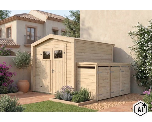 Gartenhaus aus Holz mit integrierter Mülltonnenbox in einem Garten mit mediterraner Gestaltung. (Image AI modified or generated)