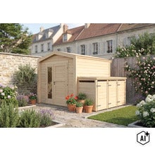 Gartenhaus aus Holz mit integriertem Anbauschuppen in einem blühenden Garten mit Steinplatten. (Image AI modified or generated)