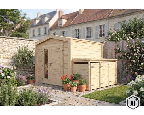 Gartenhaus aus Holz mit integriertem Anbauschuppen in einem blühenden Garten mit Steinplatten. (Image AI modified or generated)