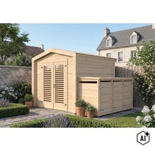 Holzgerätehaus mit Doppeltür und angebautem Mülltonnenunterstand in einem gepflegten Garten mit Blumenbeeten vor einem Wohnhaus. (Image AI modified or generated)