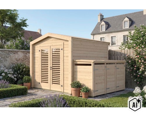 Holzgerätehaus mit Doppeltür und angebautem Mülltonnenunterstand in einem gepflegten Garten mit Blumenbeeten vor einem Wohnhaus. (Image AI modified or generated)