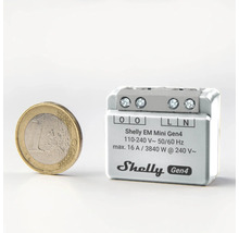Shelly EM Mini Gen4 Smart Home Relais zur Energiemessung neben einer 1 Euro Münze zum Größenvergleich.