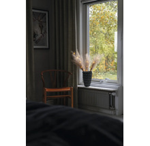 Innenraum mit Holzstuhl und Fensterbrett-Dekoration aus Pampasgras in einer strukturierten Vase mit Lichterkette.