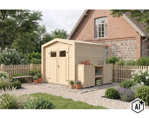 Holzgartenhaus mit Doppeltür und integriertem Anbau mit Arbeitsfläche in einem gepflegten Garten vor einem Backsteinhaus. (Image AI modified or generated)