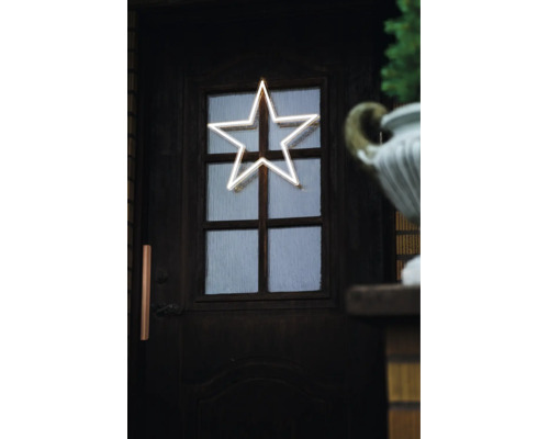 LED-Stern in Neon-Optik als Weihnachtsbeleuchtung an einer dunklen Holztür mit Glaseinsätzen.