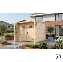 Gartenhaus aus Holz mit Doppeltür und integriertem Schleppdach in einem modernen Garten mit Steinplatten und Pflanzen (Image AI modified or generated)