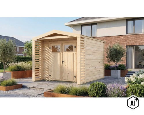 Gartenhaus aus Holz mit Doppeltür und integriertem Schleppdach in einem modernen Garten mit Steinplatten und Pflanzen (Image AI modified or generated)
