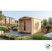 Modernes Gartenhaus aus Holz mit Satteldach und überdachtem Eingangsbereich in einem gepflegten Garten mit Terrasse. (Image AI modified or generated)