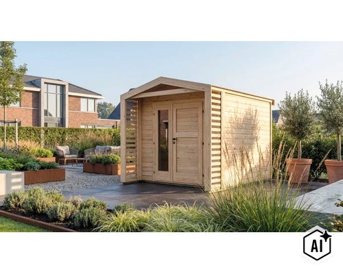 Modernes Gartenhaus aus Holz mit Satteldach und überdachtem Eingangsbereich in einem gepflegten Garten mit Terrasse. (Image AI modified or generated)