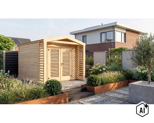 Modernes Gartenhaus aus Holz mit Lamellentüren in einem gepflegten Garten mit Pflanzbeeten und Steinterrasse vor einem Wohnhaus. (Image AI modified or generated)