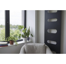 Moderner Innenraum mit schwarzem vertikalem Design-Heizkörper, Zimmerpflanzen am Fenster und grauem Sessel.