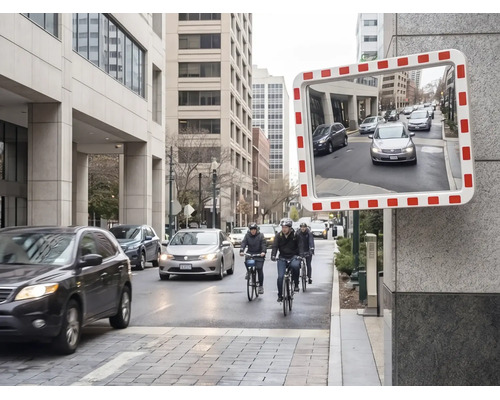 Rechteckiger Verkehrsspiegel mit rot-weißem Rahmen an einer Wand, der eine städtische Straße mit Autos reflektiert.