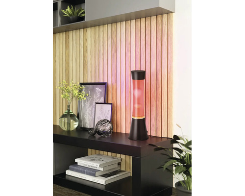 Moderne Lavalampe mit orangefarbenem Wachs und schwarzem Sockel auf einem Sideboard vor einer dekorativen Holzlamellenwand.
