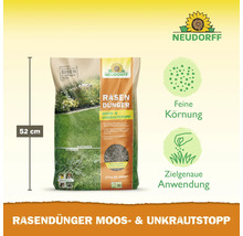 Neudorff Logo. Rasendünger Moos- und Unkrautstopp, 10 Kilogramm, feine Körnung, zielgenaue Anwendung, 52 Zentimeter hoch.