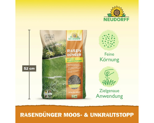 Neudorff Logo. Rasendünger Moos- und Unkrautstopp, 10 Kilogramm, feine Körnung, zielgenaue Anwendung, 52 Zentimeter hoch.