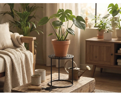 Eine Monstera-Pflanze in einem Terrakotta-Topf auf einem schwarzen Metallständer in einem hellen Wohnzimmer mit Holztisch und Gießkanne.