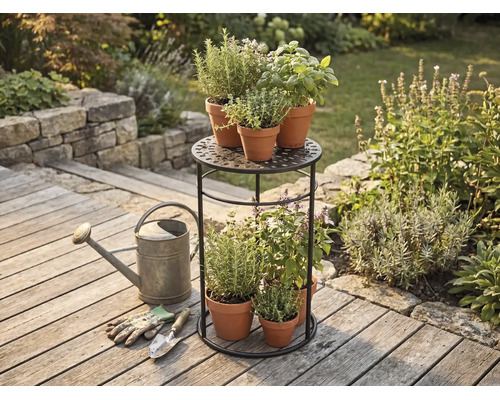 Zweistöckiges Pflanzenregal aus Metall mit Kräutern in Terrakotta-Töpfen auf einer Holzterrasse neben einer Gießkanne und Gartenwerkzeug.