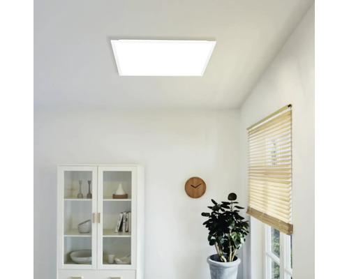 Quadratisches LED-Panel an der Decke in einem hellen, modern eingerichteten Raum mit Vitrine, Wanduhr und Pflanze.