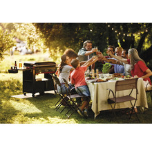 Eine Gruppe von Menschen bei einer Gartenparty mit einem Gasgrill im Hintergrund, die an einem gedeckten Tisch im Freien anstoßen.