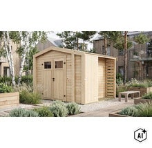 Holzgartenhaus mit Doppeltür und angebautem Schleppdach im modernen Garten mit Pflanzen und Sitzbank. (Image AI modified or generated)