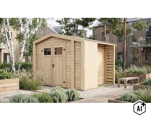 Holzgartenhaus mit Doppeltür und angebautem Schleppdach im modernen Garten mit Pflanzen und Sitzbank. (Image AI modified or generated)